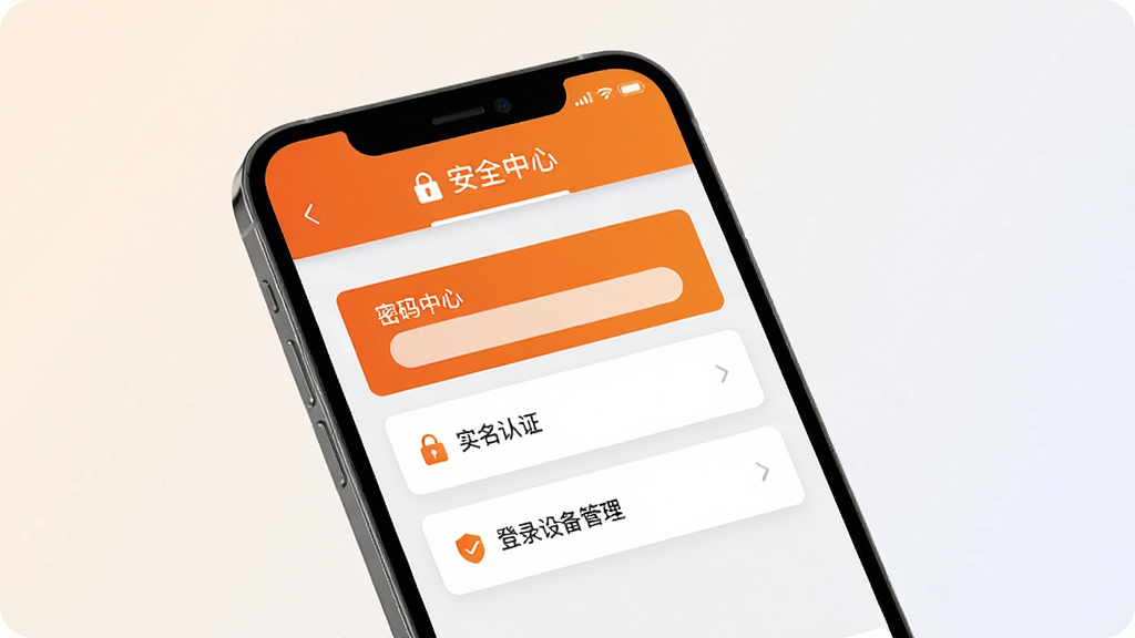 松果云商账户安全设置页面图,画面展示手机屏幕内呈现安全中心界面,包含密码修改、实名认证、登录设备管理等条目,界面配色为橙白与浅灰,风格简洁正式,背景为浅色渐变,画质清晰,干净无多余装饰