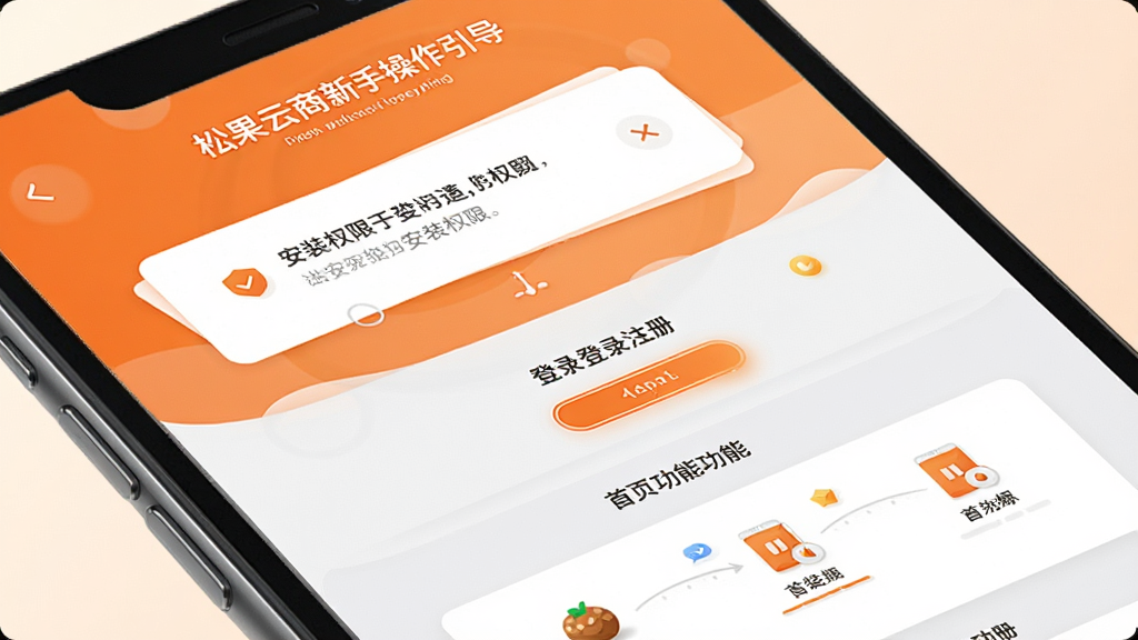 松果云商新手操作引导页面图,画面为手机屏幕特写,屏幕内呈现分步引导界面,包含安装权限提示、登录注册入口、首页功能标注,配色为橙白与浅灰,风格友好清晰,背景为浅色渐变,画质高清,干净无多余元素