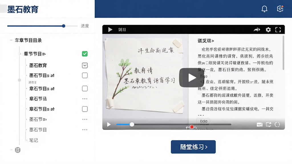 “墨石教育”课程学习页面,左侧为章节目录树,右侧为视频播放窗口与讲义文字区域,下方显示随堂练习按钮,界面配色为白底配深蓝主色,风格为在线教育平台课程页,细节包括进度条、章节勾选状态、笔记图标,画质清晰,排版整齐,干净无杂乱元素