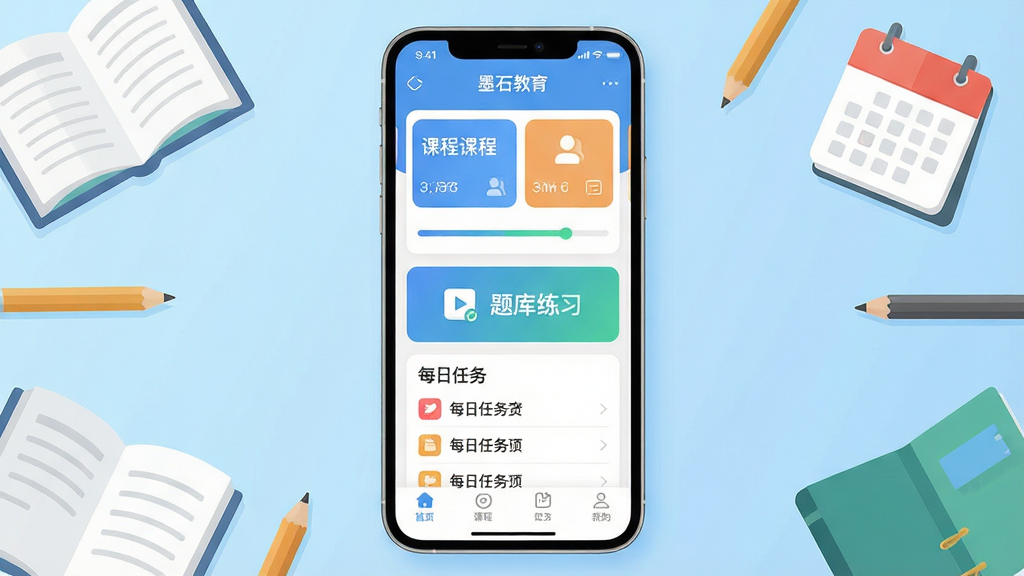 手机屏幕中央展示“墨石教育”应用主界面,上方为课程卡片与学习进度条,中部为题库练习入口和每日任务列表,下方为底部导航栏,背景为浅蓝色渐变,周围环绕书本、铅笔、日历等学习元素,整体布局简洁清晰,风格为扁平化教育类APP界面展示,细节包括按钮圆角、图标线性化、文字排版规整,画质清晰干净,无多余装饰元素