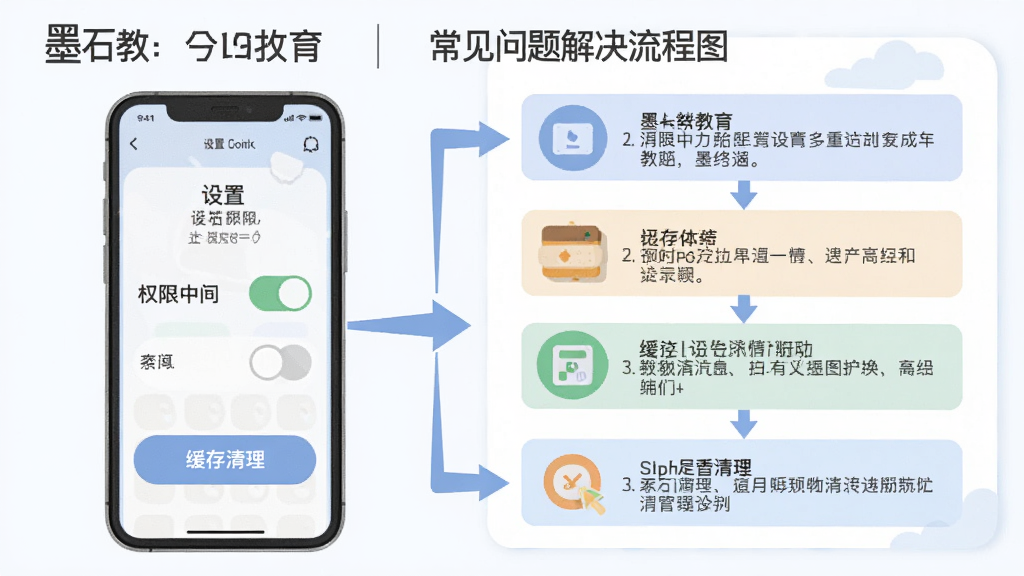“墨石教育”常见问题解决流程图,左侧为手机界面展示设置中的权限开关与缓存清理按钮,右侧为分步骤文字说明框,整体布局为左右对照式信息图,风格为扁平化教程插图,细节包括箭头指引、图标标注、步骤编号,画质清晰,配色柔和,干净无杂乱