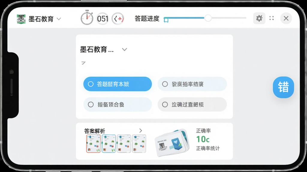 “墨石教育”题库练习界面,屏幕中央为一道选择题与四个选项,下方显示答案解析区域,顶部有计时器与答题进度,右侧悬浮错题本图标,背景为淡灰色,风格为移动端刷题应用界面,细节包括选项高亮、答题卡缩略图、正确率统计,画质清晰,布局干净