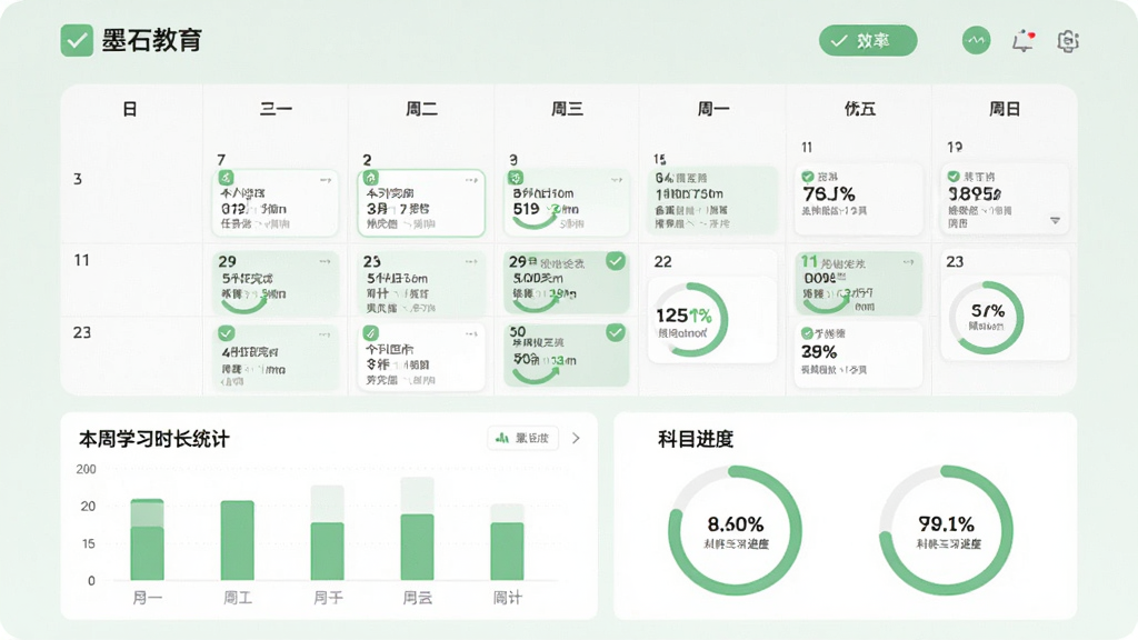 “墨石教育”学习计划页面,日历视图中标注每日任务完成状态,下方为本周学习时长统计柱状图与科目进度环,界面配色为浅绿与白色搭配,风格为效率类APP数据看板,细节包括打卡对勾、进度百分比、任务卡片,画质清晰,排版清爽
