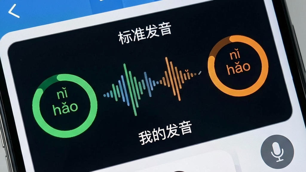 一张手机应用界面特写图,主体为屏幕中央的声波对比图,上方标注“标准发音”下方标注“我的发音”,两侧配有绿色与橙色评分圆环,布局上下分区,风格为科技感学习界面,细节包含拼音“nǐ hǎo”字样与麦克风图标,画质清晰干净无多余元素