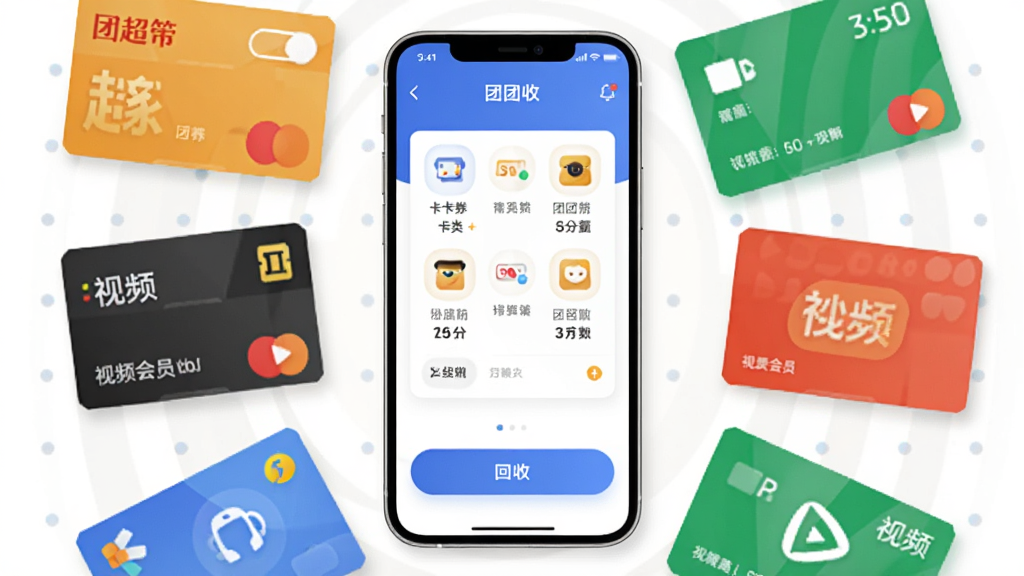 画面主体是一部竖屏智能手机,屏幕中央显示“团团收”应用主界面,界面包含卡券分类图标与回收按钮,手机周围环绕商超卡、加油卡、视频会员卡等卡片元素,布局采用中心对称构图,排版简洁明快,风格为现代扁平化科技风,细节上卡片带有轻微阴影与渐变光泽,画质高清,画面干净,无多余元素