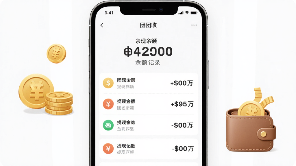 画面主体为手机屏幕显示“团团收”提现记录页面,页面上方为余额数字,下方为多条提现流水条目,旁边配有金币与钱包图标,布局采用上下结构构图,排版规整,风格为现代金融应用风,细节上金额数字使用加粗字体,画质清晰,画面干净,无多余元素