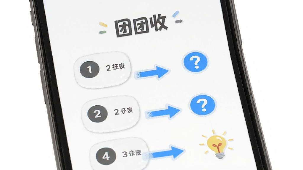 画面主体为手机屏幕展示“团团收”新手引导页面,页面上有步骤序号与操作箭头指示,旁边配有问号与灯泡图标,布局采用纵向步骤构图,排版清晰直观,风格为友好引导风,细节上步骤文字使用深灰色,箭头为亮蓝色,画质清晰,画面干净,无多余元素