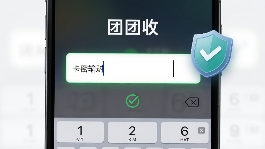 画面主体为手机屏幕特写,屏幕上显示“团团收”卡密输入框与绿色校验通过标识,旁边漂浮着盾牌与对勾图标,布局采用居中聚焦构图,排版突出输入区域,风格为写实UI展示风,细节上输入框带有光标与数字键盘局部,画质清晰,画面干净,无多余元素