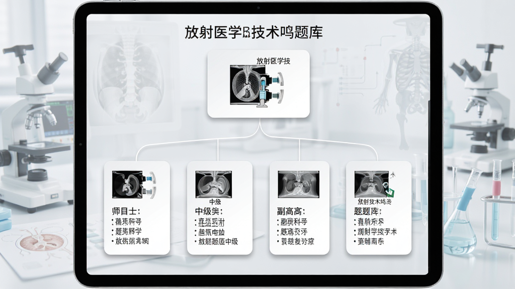 一张表现放射医学技术鸣题库多层级题库结构的示意图,画面主体为一台平板电脑横屏展示,屏幕内以四张纵向排列的卡片呈现士、师、中级、副高四个层级,每张卡片配有对应的放射影像图标与科目列表,卡片之间用细线连接形成层级树状布局,背景为淡灰色医学风格,整体排版规整,风格专业简洁,细节上卡片边缘有柔和阴影,画质高清干净,画面中文字为放射医学技术鸣题库相关界面文字,无多余元素