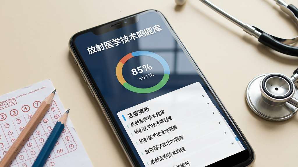 一张展示放射医学技术鸣题库模拟考试成绩页面的图片,画面为一部手机正面特写,屏幕中显示环形分数图与逐题解析列表,上方有放射医学技术鸣题库字样,手机下方散落着铅笔、答题卡与听诊器道具,背景为浅米色桌面,风格写实清新,排版以手机为视觉中心,细节上屏幕反光自然,画质清晰干净,无杂乱元素