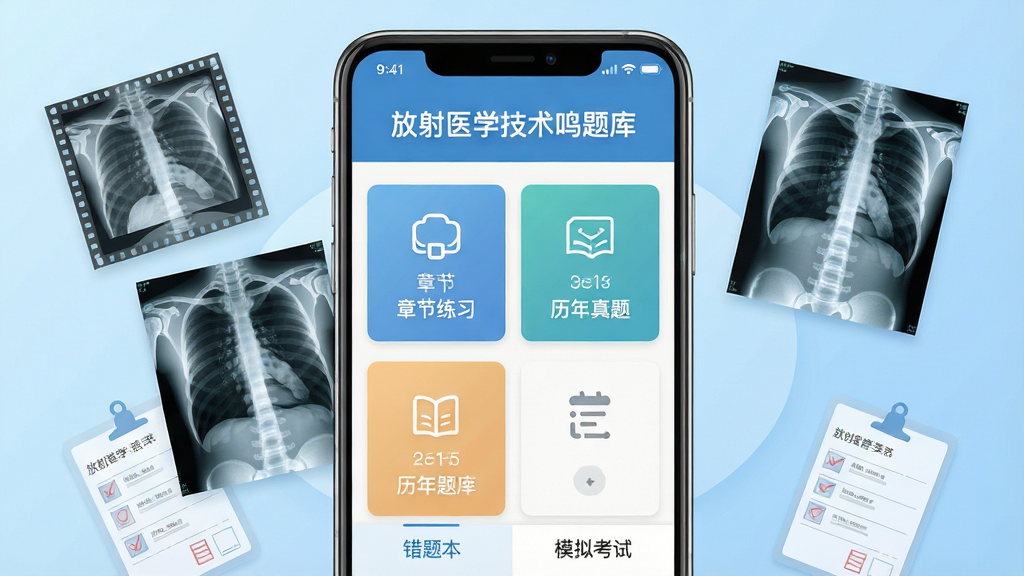 一张展示放射医学技术鸣题库手机应用界面的产品预览图,画面中央是一部竖屏安卓手机,屏幕内显示题库首页,顶部有放射医学技术鸣题库文字标题,中部为章节练习与历年真题入口卡片,底部为错题本与模拟考试导航栏,手机周围以浅蓝色渐变背景衬托,背景中漂浮着放射影像胶片、骨骼X光片、答题卡等半透明元素,整体采用清爽的扁平化UI风格,排版居中对称,细节上手机边框有轻微高光反射,画质清晰干净,无多余装饰元素