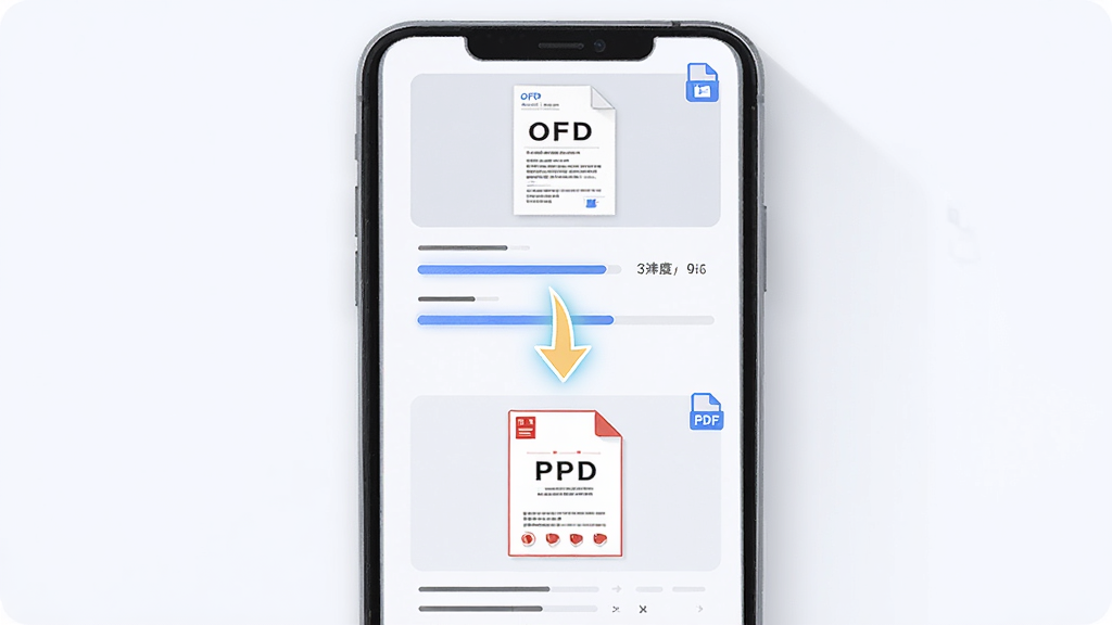 ����Ϊ�ֻ���Ļ��չʾOFD��PDFת���Ľ��Ƚ��棬��Ļ�Ϸ�ΪOFD�ĵ�����ͼ���·�ΪPDF�ĵ�����ͼ���м���һ�������ͷ���ӣ�����Ϊ���¶Գƹ�ͼ���Ű��࣬���Ϊǳɫϵ��ƽ��UI�廭��ϸ�ڰ������������ļ���ʽ�Ǳꡢ��͵�ͶӰЧ������������������ɾ��޶���װ��