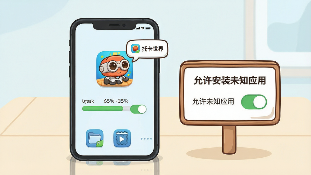 画面主体为一部智能手机屏幕,屏幕上显示卡通风格的安装进度条和“托卡世界”字样的应用图标,手机旁边放置一个卡通风格的提示牌,上面写着“允许安装未知应用”的开关示意,背景为简洁的浅色桌面,布局采用居中排版,风格为扁平化卡通插画,细节包含进度条百分比、开关按钮、文件管理图标、提示气泡,画质清晰干净,主体突出、排版简洁、风格统一、细节明确、画质高清、干净整洁、无多余元素