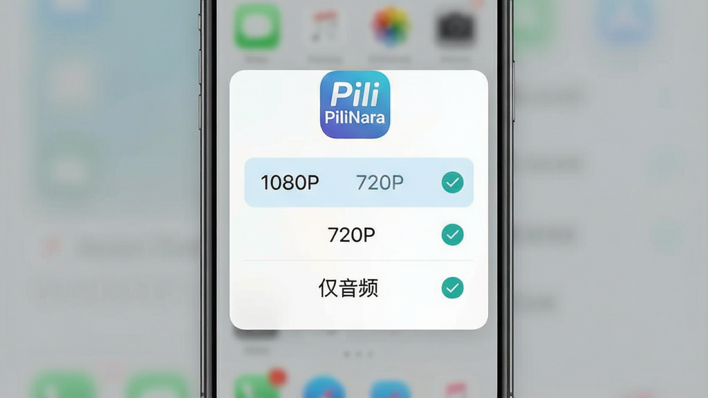 一张手机应用界面截图风格图,屏幕中央弹出清晰度选择面板,选项包括“1080P”“720P”“仅音频”等标签,面板上方有“PiliNara”应用图标,布局为居中弹窗式,风格为清爽浅色UI,细节包含勾选状态和对号图标,画质干净明亮,无多余装饰