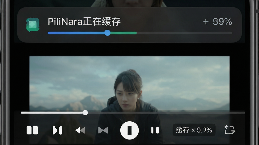 一张展示手机后台下载通知栏的界面图,通知栏中显示“PiliNara正在缓存”及进度百分比,下方是正在播放视频的播放器界面,画面布局为上下分层,风格为暗色模式UI,细节包含播放控制按钮和缓存速度文字,画质清晰干净,无多余元素