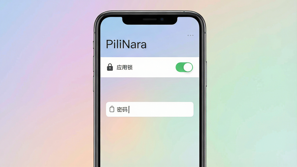 一张手机界面展示隐私设置页面的场景图,页面中有“应用锁”开关和密码输入框,背景为柔和渐变色调,顶部标题写有“PiliNara”字样,布局为纵向列表式,风格为简约商务风,细节包含锁形图标和开关状态,画质清晰干净,无多余装饰