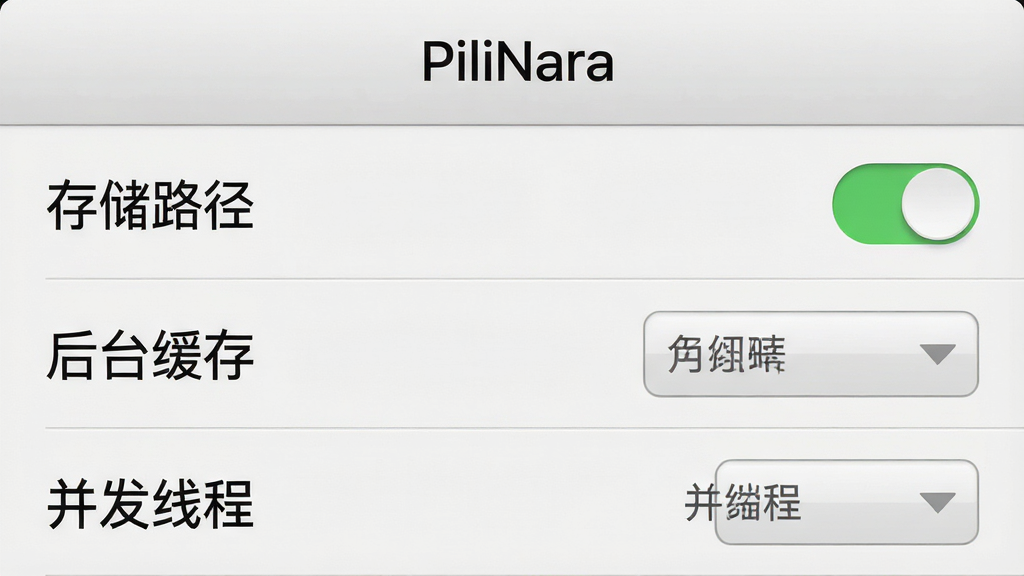 一张手机应用设置界面的示意图,画面中展示“存储路径”“后台缓存”“并发线程”等设置项,界面顶部有“PiliNara”标题,布局为分组列表形式,风格为浅灰质感UI,细节包含开关按钮和下拉选择框,画质清晰干净,无多余元素