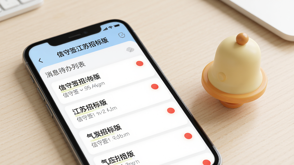 手机界面展示“信守签江苏招标版”的消息待办列表,列表项带有红色提醒圆点,手机旁边有一个立体的铃铛图标,背景为浅色办公桌面,风格清新简约,排版整齐,画质细腻,无多余元素