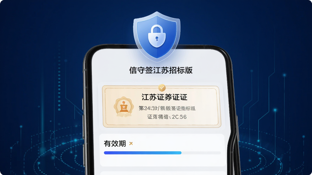 手机屏幕显示“信守签江苏招标版”的证书管理页面,页面上有证书卡片与有效期进度条,手机上方漂浮一个盾牌形状的安全图标,背景为深蓝色科技感渐变,风格简洁专业,细节清晰,画质干净,无多余元素