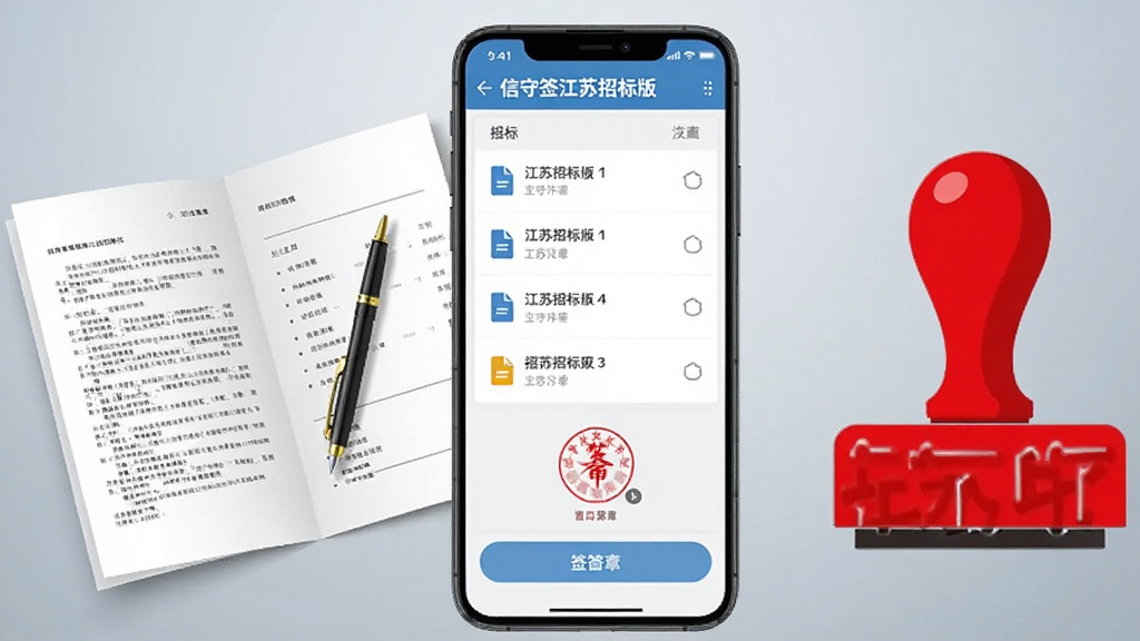 画面中央放置一部竖屏智能手机,手机屏幕上显示“信守签江苏招标版”的软件界面,界面包含文件列表与签章按钮,手机左侧摆放一份展开的纸质招标文件与一支签字笔,右侧放置一枚红色电子印章图形,背景为浅灰蓝色渐变,整体采用简洁商务扁平风格,细节清晰,画质干净,无多余元素