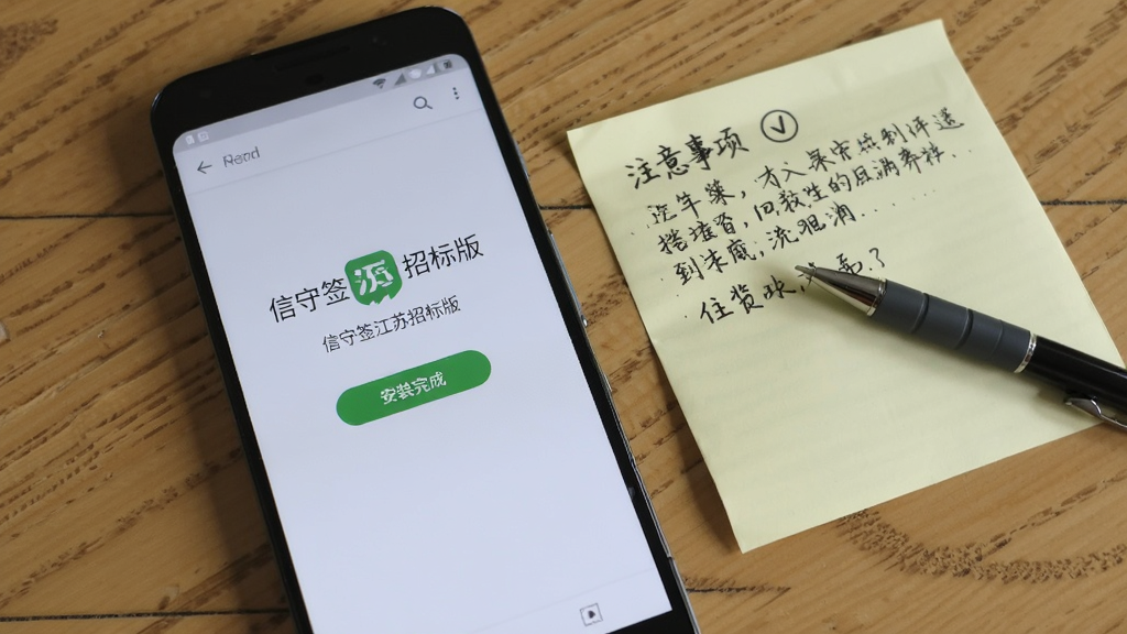 一部安卓手机屏幕显示“信守签江苏招标版”的安装完成界面,旁边放置一张写有注意事项的便签纸与一支笔,背景为木质桌面,风格生活化且整洁,光线自然,画质清晰,无多余元素