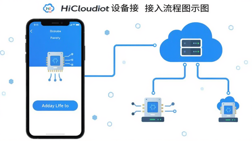 一张HiCloudiot设备接入流程示意图,画面左侧为手机界面显示添加设备按钮,右侧为云端服务器图标与设备图标之间的连接线条,布局左右对称,风格扁平化科技感,细节简洁,画质干净,无多余元素