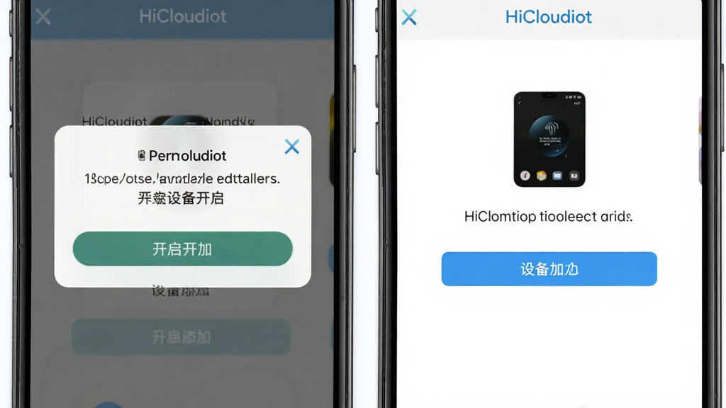 一张展示HiCloudiot安装与设置步骤的手机界面组合图,画面包含权限开启提示弹窗与设备添加引导页面,布局上下排列,风格简洁明快,细节清晰,画质干净,无多余元素