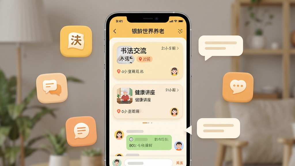 画面主体为“银龄世界养老”应用内的活动社群页面展示,居中放置手机屏幕,屏幕内呈现活动列表与社群聊天界面,包含“书法交流”“健康讲座”等活动卡片。布局采用手机居中配合周围漂浮的活动图标与对话气泡。风格活泼温暖,色调以暖黄、浅橙与米白为主。细节包括圆角活动卡片、清晰的时间地点标签、友好的头像图标。画质高清,画面干净,无多余元素。