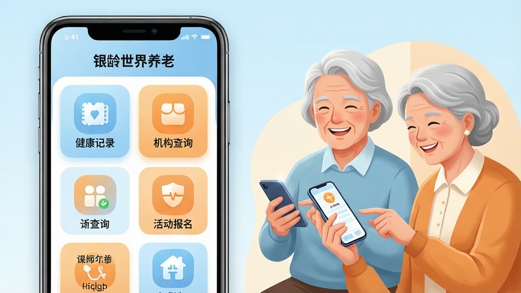画面主体为一款名为“银龄世界养老”的手机应用界面展示,居中放置一部智能手机,屏幕内呈现大字体、大图标的养老服务首页,包含健康记录、机构查询、活动报名等模块入口。布局采用左右分栏,左侧为手机正视图,右侧为两位面带微笑的中老年用户正在使用手机的场景插画。排版简洁明快,风格温暖亲和,色调以浅蓝与暖橙为主。细节包括圆角图标、清晰的文字标签、柔和的光影过渡。画质高清,画面干净,无多余装饰元素。