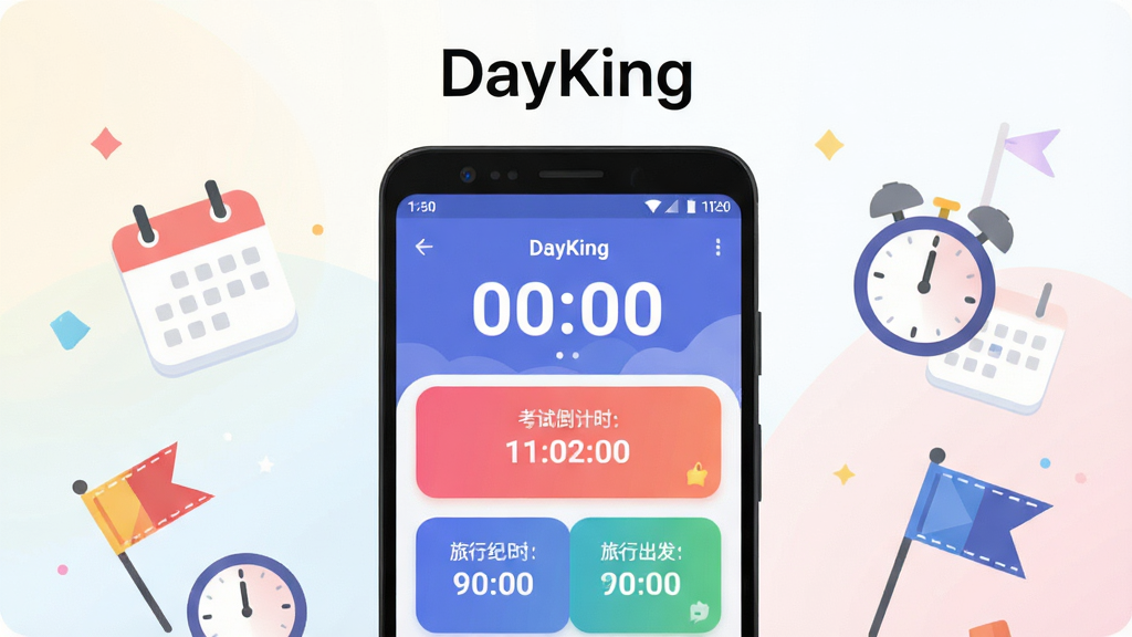 �����������һ����׿�ֻ����ֻ���Ļ��ʾ����ʱDayKing�����������棬�������ж����ɫ����ʱ��Ƭ�ֱ��ע���Ե���ʱ�������յ���ʱ�����г�������ʱ���ֻ���Χɢ������ͼ�ꡢʱ��ͼ���С����װ��Ԫ�أ����岼�����Ҿ��⣬�Ϸ����׷��������������֣����Ϊ���±�ƽ���廭��ϸ�ڰ�����͵Ľ��䱳����Բ�ǿ�Ƭ��ƣ����������ɾ����޶�������Ԫ��