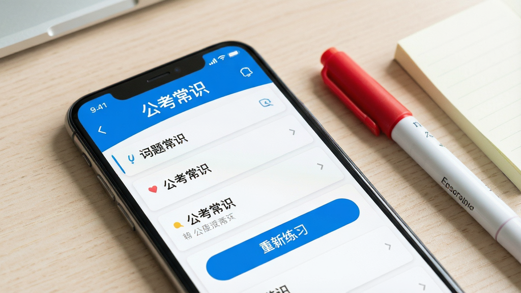 一张展示公考常识APP错题本功能的场景图,画面为手机屏幕特写,屏幕中显示错题列表和重新练习按钮,界面配色以蓝色和白色为主,手机放置在浅色桌面上,旁边有一支红色记号笔和一个便签本,整体风格干净利落,画质高清,画面中手机屏幕顶部有