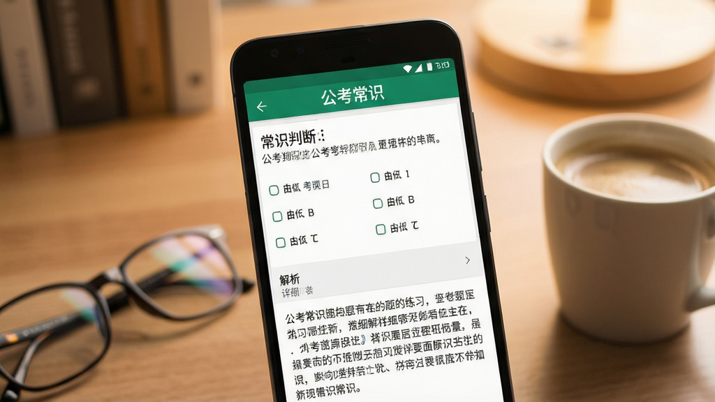 一张展示公考常识APP题库练习界面的场景图,画面为一部安卓手机屏幕特写,屏幕中显示一道常识判断题及四个选项,下方展开详细解析文字,手机旁边放着一副眼镜和一杯咖啡,背景为模糊的书桌环境,整体色调温暖柔和,风格写实自然,画质高清干净,画面中手机屏幕上方有