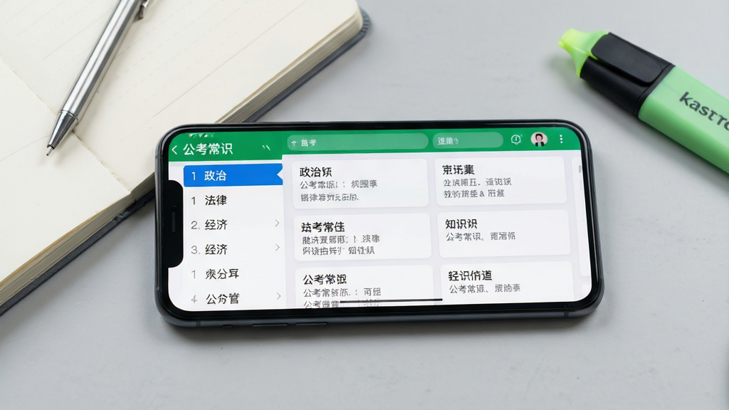 一张展示公考常识APP知识点汇总页面的场景图,画面中一部手机横放在桌面上,屏幕显示分类清晰的知识点列表,左侧为政治、法律、经济等目录栏,右侧为具体知识条目卡片,手机旁边有一本笔记本和一支荧光笔,背景为浅灰色桌面,风格简洁办公风,画质清晰干净,画面中手机屏幕可见