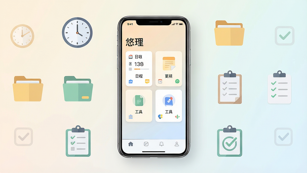 画面中央放置一部智能手机,手机屏幕显示“悠理”应用主界面,界面采用简洁卡片式布局,包含日程、便签、工具入口等模块,背景为浅色渐变,手机周围环绕时钟、文件夹、勾选清单等扁平化图标,整体风格清新现代,排版居中对称,细节干净利落,画质高清,无多余装饰元素