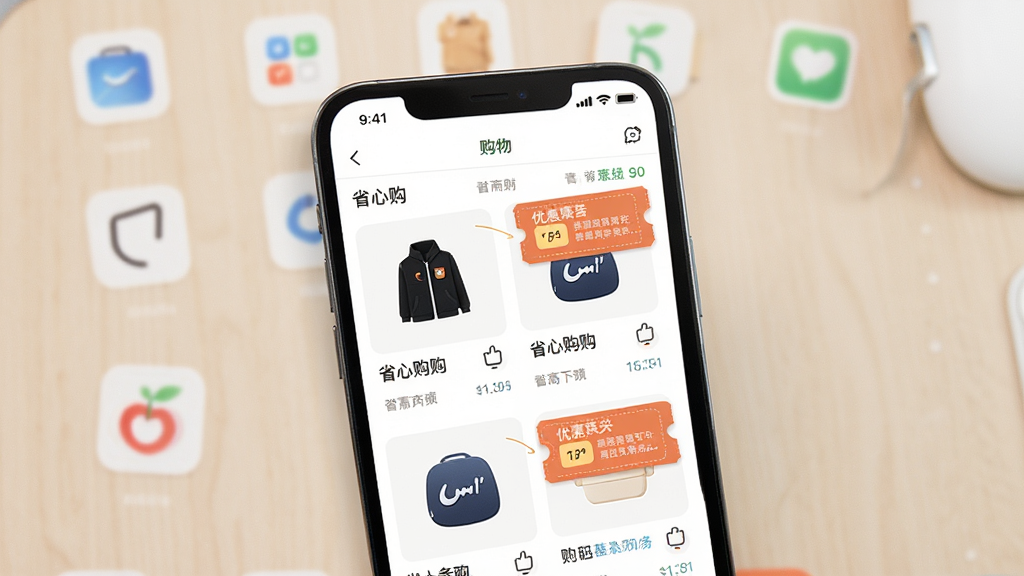 手机应用商店界面展示购物类应用省心购的主页布局,画面中央为手机屏幕特写,屏幕内呈现商品信息流与优惠券标签,背景为浅色桌面与简约图标,整体风格清爽现代,细节清晰,画质干净,无多余元素
