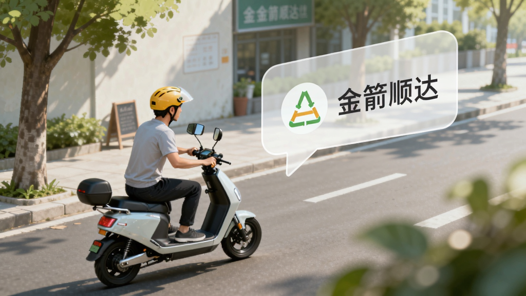 画面主体为一位骑行者在城市街道上骑行电动车,旁边浮现半透明的提醒气泡图标,布局为对角线构图,骑行者位于画面左下向右上延伸,风格为清新写实插画,细节包括街道绿植、柔和日光、气泡内简洁图标,画质细腻干净,画面无多余元素,气泡中写有文字“金箭顺达”