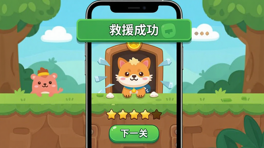 卡通风格的手机屏幕界面,画面中一只小动物从游戏关卡中成功脱困,屏幕上方弹出“救援成功”的绿色提示条,下方显示星级评价与下一关按钮,整体布局简洁,风格为手游UI扁平插画,配色明快,画质干净清晰