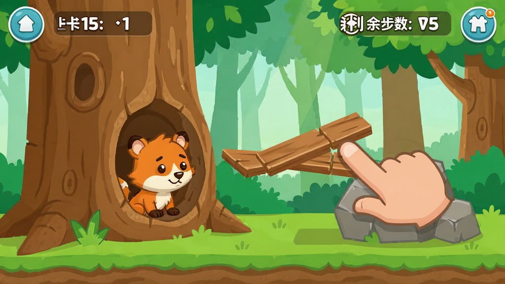 卡通风格的游戏关卡界面,画面中一只小动物被困在树洞与岩石之间,玩家用手指拖动木板搭建救援通道,界面顶部显示关卡编号与剩余步数,背景为森林场景,配色清新明亮,风格为扁平化手游UI插画,细节干净,画质清晰
