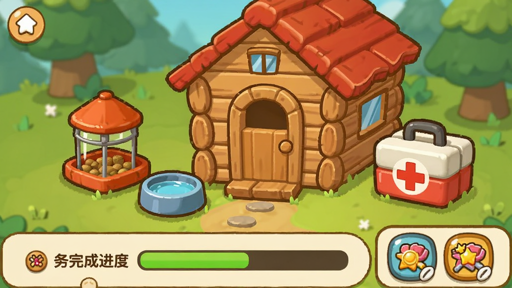 救援基地装饰界面,画面中一座卡通风格的小木屋作为救援基地,周围摆放着喂食器、水盆和医疗箱等装饰物,界面下方显示任务完成进度条与奖励图标,整体布局简洁,风格为清新卡通插画,配色温暖,画质干净