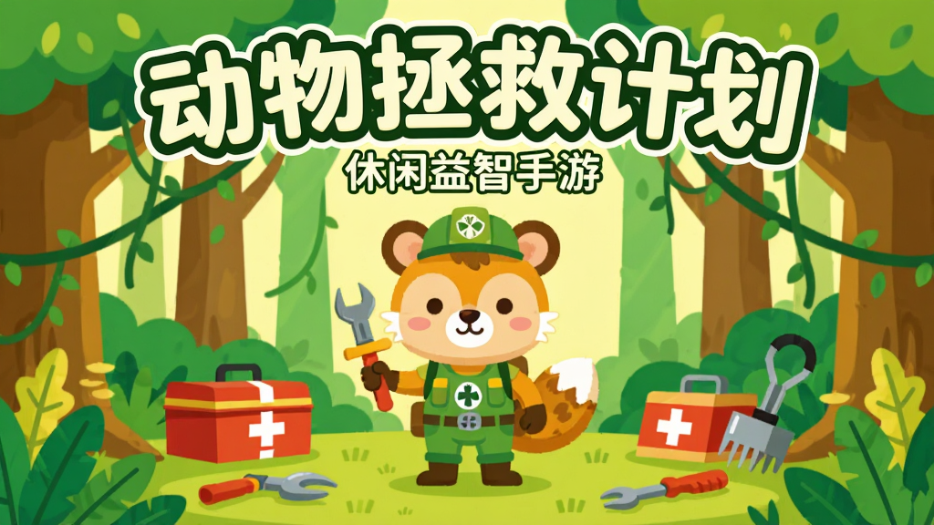 一只卡通风格的小动物站在森林救援场景中央,周围环绕树木、藤蔓和救援工具,画面采用明亮的绿色与暖黄色调,上方用大号圆润字体写“动物拯救计划”,下方用较小字体写“休闲益智手游”,整体为扁平化插画风格,细节清晰,画质干净,无多余装饰元素