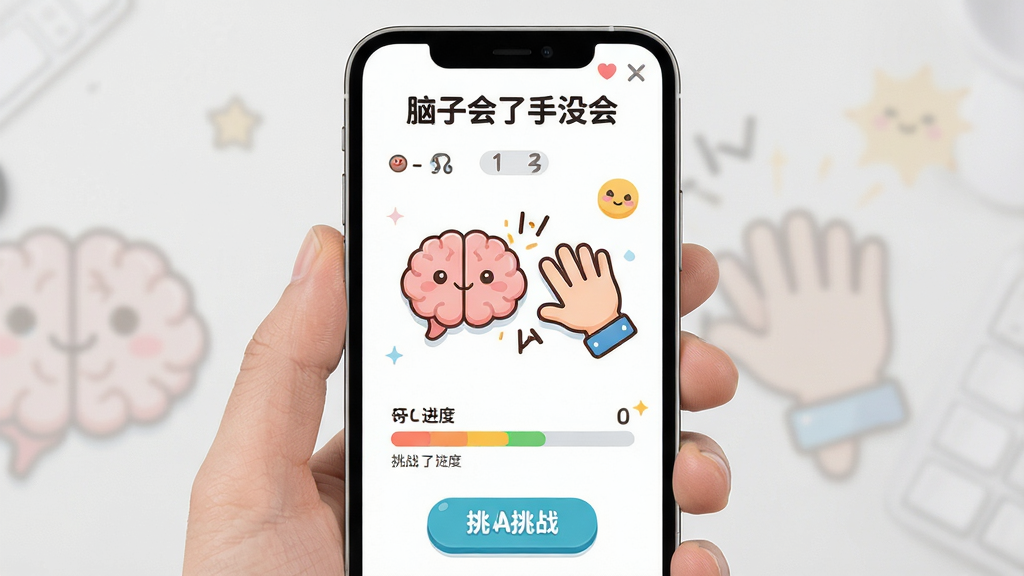 手机屏幕中展示一款名为“脑子会了手没会”的趣味挑战应用界面,画面中央是一个大脑图标与一只卡通手正在进行互动对战的场景,布局为居中的手机应用主界面展示,排版简洁明快,风格为扁平化卡通插画风,细节包括进度条、挑战按钮、得分数字与可爱表情元素,画质高清,画面干净,无多余元素