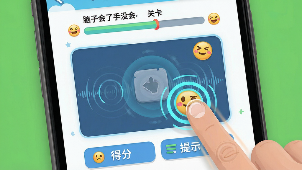 名为“脑子会了手没会”的应用界面特写,主体为屏幕中央的挑战关卡画面,布局为上方显示关卡进度、中部为操作区域、下方为得分与提示,排版清晰有层次,风格为明快扁平卡通风,细节包括手指点击轨迹、节奏波纹、动态反馈光圈与趣味表情,画质高清,画面干净,无多余元素