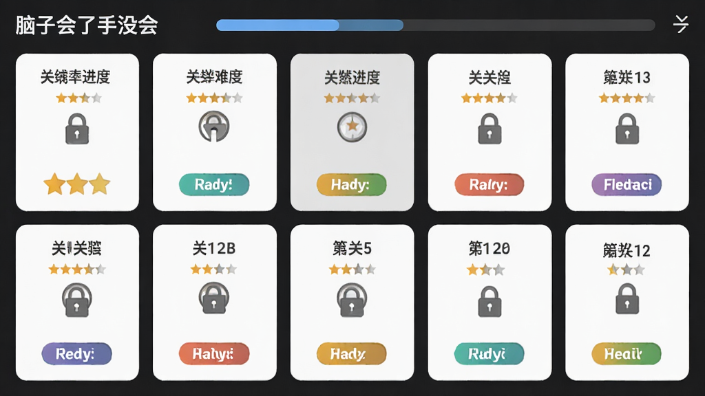 名为“脑子会了手没会”的应用关卡选择界面,主体为多个难度递进的关卡卡片排列,布局为网格状分布、顶部显示总进度,排版整齐有序,风格为清爽扁平化设计,细节包括星级评价、锁定图标、关卡编号与彩色标签,画质高清,画面干净,无多余元素