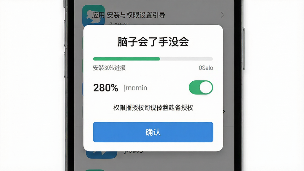 手机屏幕展示“脑子会了手没会”应用安装与权限设置引导界面,主体为安装进度条与权限授权弹窗,布局为居中卡片式弹窗覆盖在应用界面上方,排版清晰直观,风格为简洁扁平化UI设计,细节包括进度百分比、权限开关按钮、提示文字与确认按钮,画质高清,画面干净,无多余元素