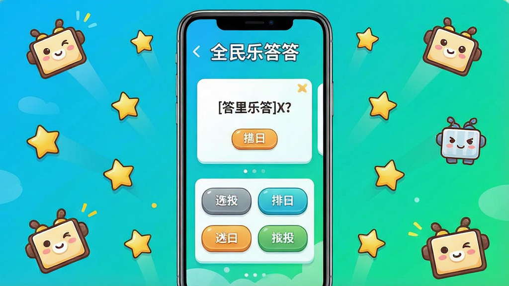 一张手机应用界面展示图,画面中央是一部竖屏智能手机,屏幕上显示答题闯关界面,顶部有“全民乐答答”字样,中间是题目卡片和四个选项按钮,背景为明亮活泼的渐变蓝绿色调,周围点缀答题道具图标和星星元素,整体风格清新卡通,排版居中对称,细节干净利落,画质清晰,无多余装饰元素