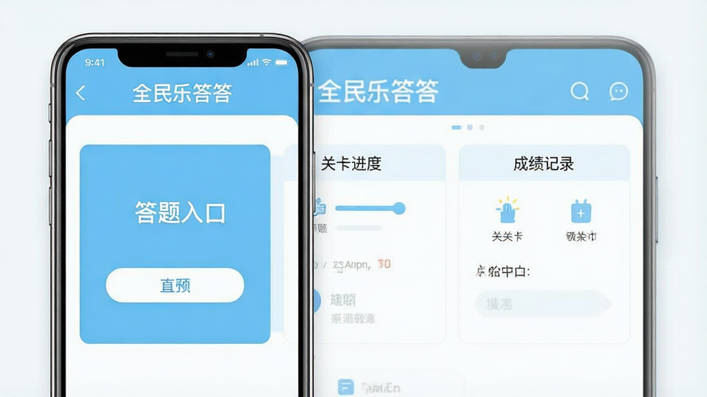 一张软件功能展示图,画面为手机应用主界面,屏幕中清晰划分答题入口、关卡进度、成绩记录三个区域,顶部标题栏显示“全民乐答答”,整体配色为清爽的浅蓝与白色搭配,布局规整、层次分明,风格简约现代,细节干净,画质高清,无杂乱元素