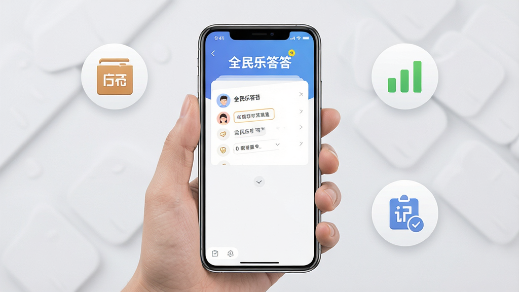 一张手机使用场景图,画面为一只手握持智能手机,屏幕显示“全民乐答答”答题界面,周围有存储空间图标、网络信号图标和权限设置图标环绕,背景为浅灰色简洁风格,布局为手机居中、图标环绕四周,细节清晰,画质干净,无多余装饰