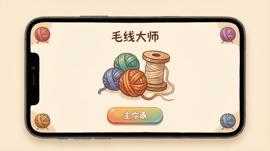 一张“毛线大师”治愈风格界面展示图,主体是手机屏幕内浅米色背景配彩色毛线团和木质线轴图标,布局为居中展示完整游戏主界面,风格为温暖手绘插画风,细节包含柔和渐变、圆角按钮、毛线纹理、角落小毛线球装饰,画质高清、干净、无多余元素
