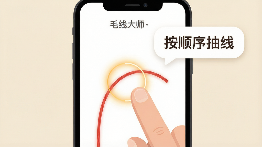 一张“毛线大师”新手操作提示示意图,主体是手机屏幕内显示一只手指正在拖拽红色线头,旁边浮现提示气泡,布局为手机居中、气泡位于右上方,风格为清新扁平UI插画,细节包含线头高亮光圈、提示气泡内写有“按顺序抽线”字样、背景为浅米色,画质高清、干净、无多余元素