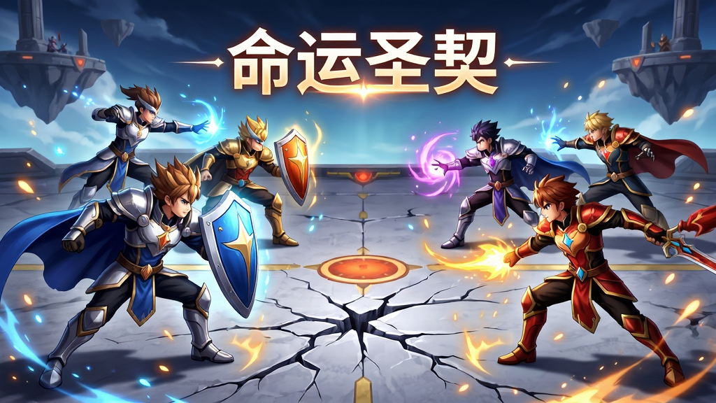 画面主体为两支二次元英雄队伍在浮空竞技场上对峙,前排角色举盾防御、后排角色蓄力施法,布局为左右对称对战构图,排版中央上方书写